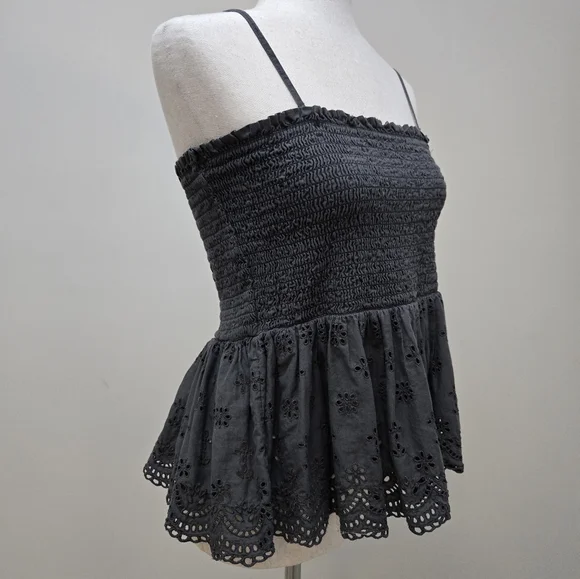 American Eagle Tank Top Shirt Lace Smocked Eyelet Babydoll Charcoal Women's XL - Picture 8 of 16